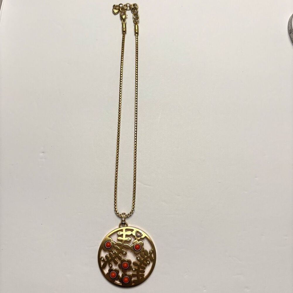Brighton “Francesca” Brushed Gold Necklace Gold Coral Red Round Pendant Chain